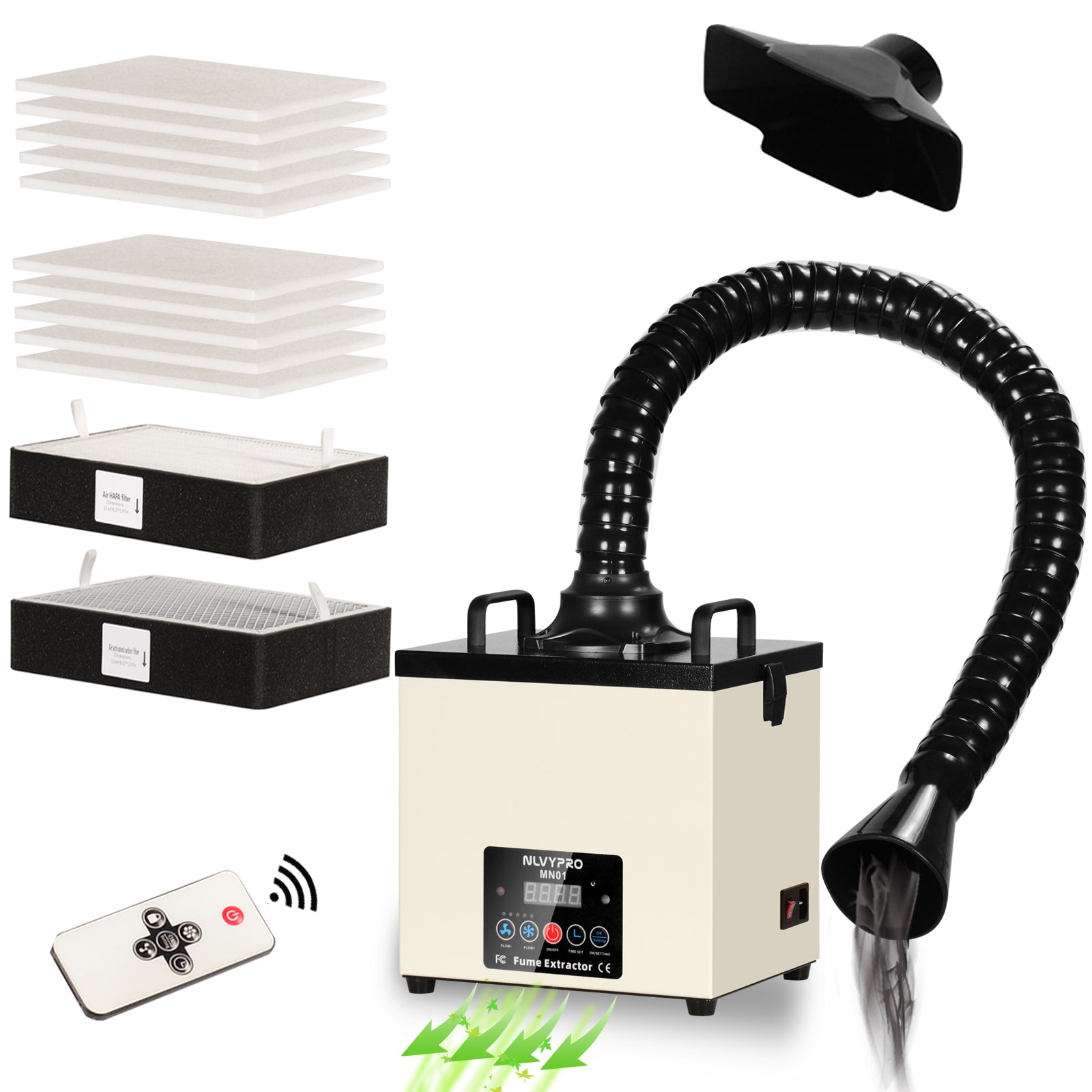 MN01 Desktop Fume Extractor 155 CFM Airflow • 3-Layer Filtration • LCD Display • Filter Change Reminder • Remote Control