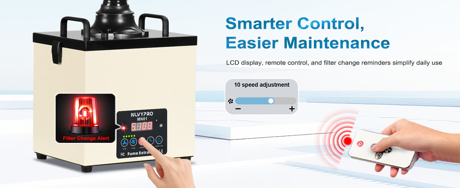MN01 Desktop Fume Extractor 155 CFM Airflow • 3-Layer Filtration • LCD Display • Filter Change Reminder • Remote Control