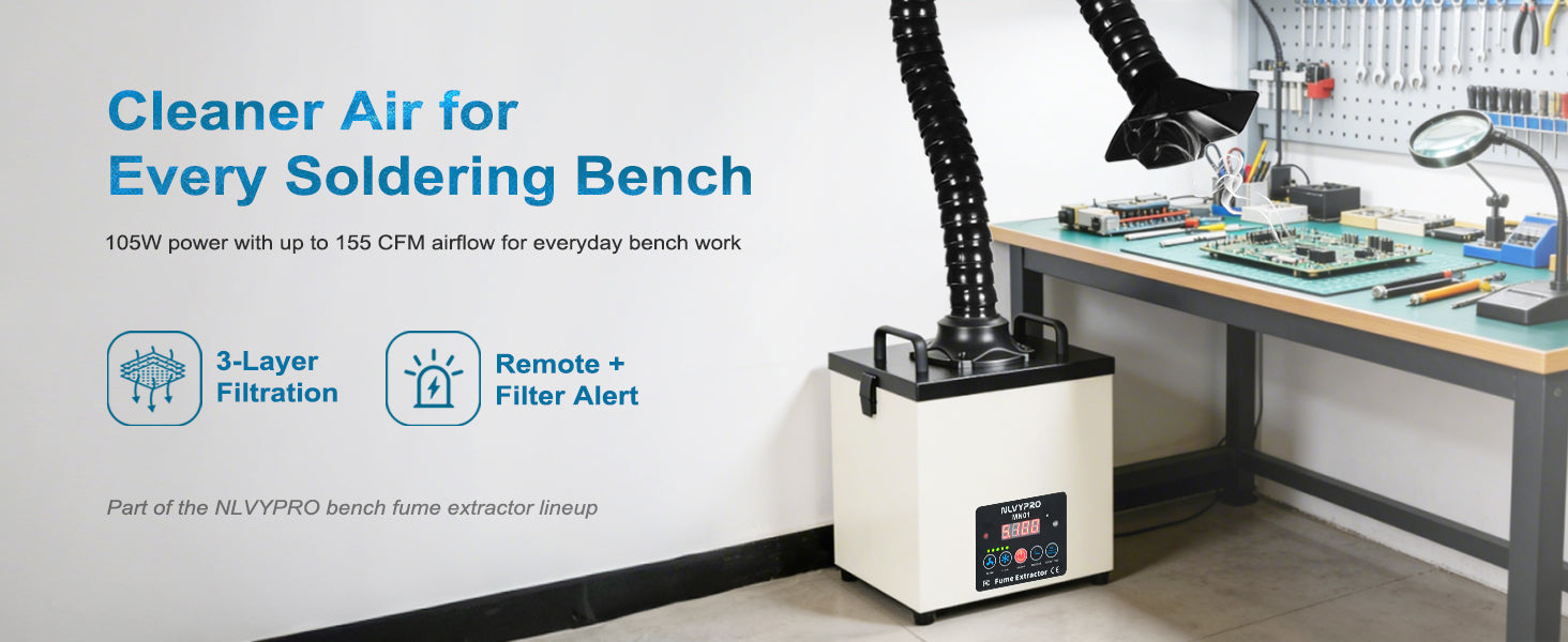 MN01 Desktop Fume Extractor 155 CFM Airflow • 3-Layer Filtration • LCD Display • Filter Change Reminder • Remote Control
